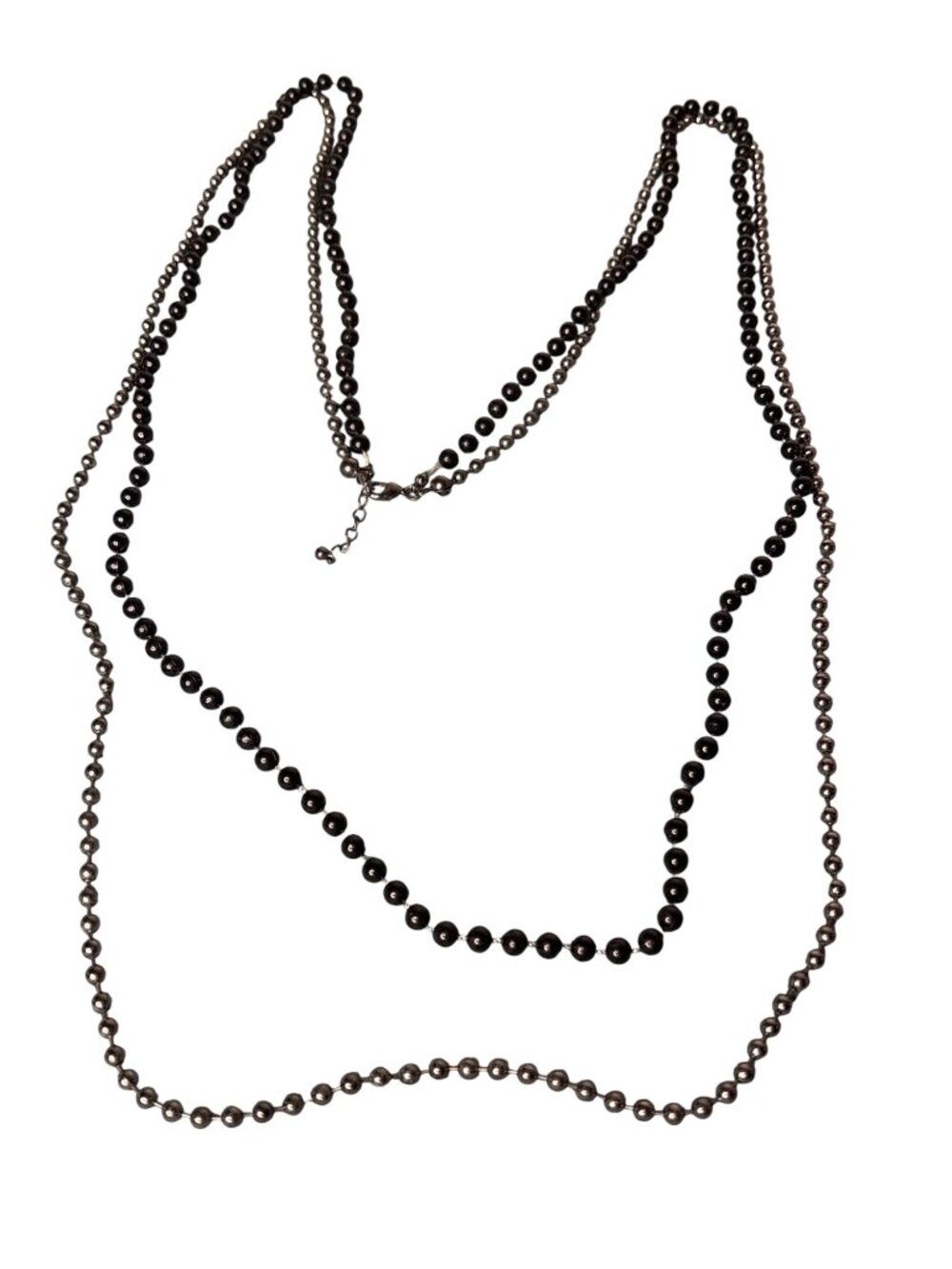 2 Strand Beaded Necklace Black Plastic Gunmetal 46 inches 50 inch Lobster Clasp